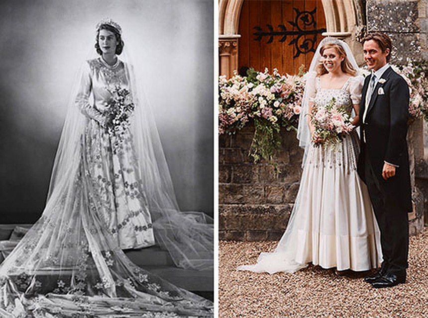 Селва - будущая королева Елизавета II в свадебном платье, справа - принцесса Беатрис в винтажном платье Фото: REUTERS