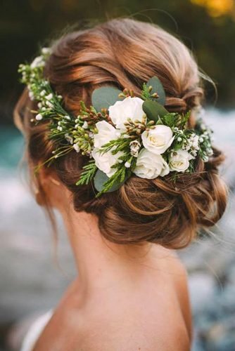 easy wedding hairstyles low updo on brown hair with flower crown green ginger photography
