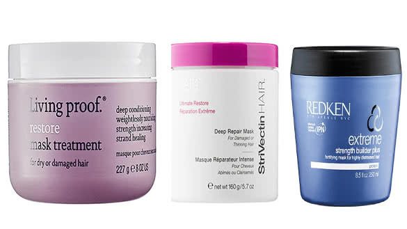 Living Proof Restore Mask Treatment the StriVectin Hair Ultimate Restore Deep Repair Mask and the REDKEN Extreme Strength Builder Plus
